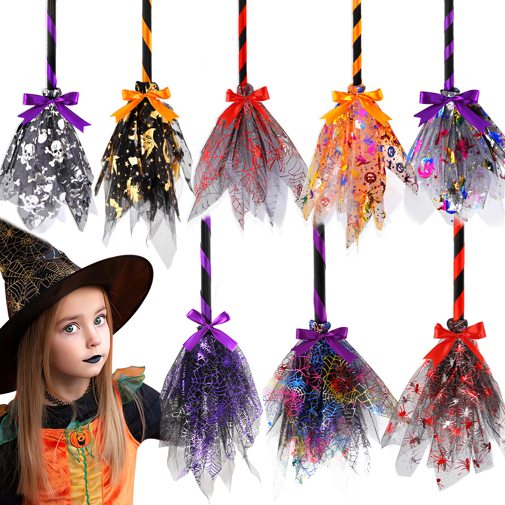 halloween detachable witch broom halloween party decoration kweichow moutai broom led light-emitting mesh broom