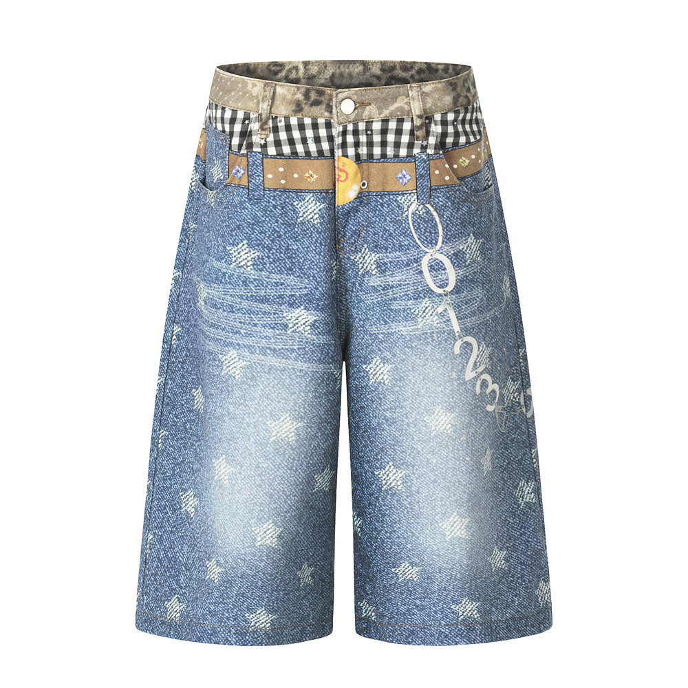 Distressed Denim Shorts For Men With Star Print And Raw Hem_voghion.com