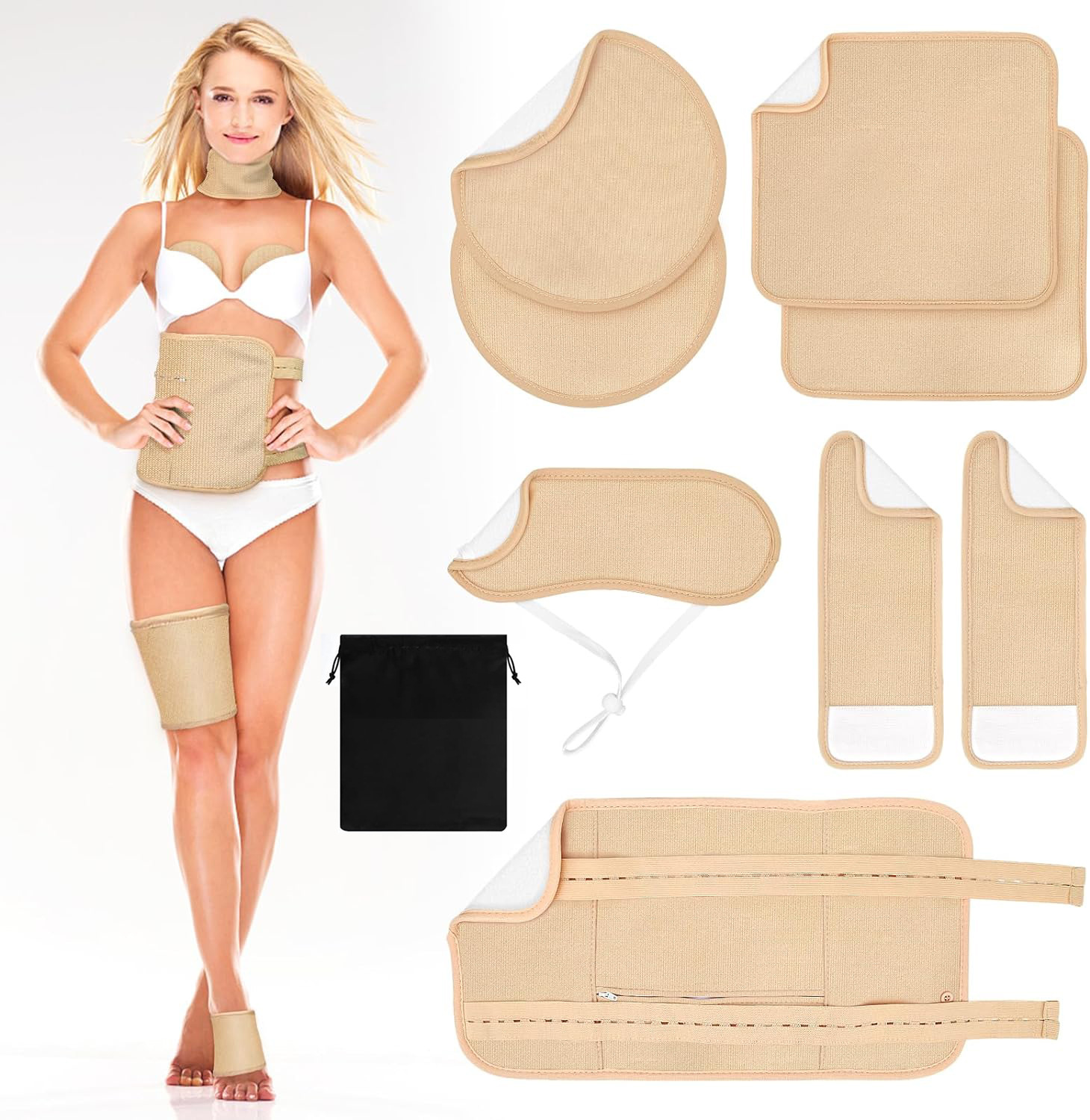 Botón, riñonera, hebilla, cuello, cojín para el pecho, 2 bufandas cuadradas de borde (35,5*40,5 cm), 2 bolsas de tobillo/par de bolsas de almacenamiento negras