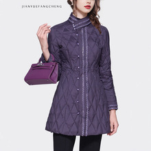 新中式国风白鸭绒羽绒服外套中长款2025秋蕾丝边立领收腰羽绒衣