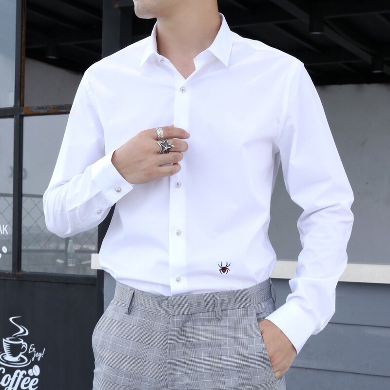 Red and Black Spider Embroidery Trendy Men's Casual Long-Sleeved Shirt Men's High-End Bottoming Shirt Fashionable Business Men's Shirt Slim Fit