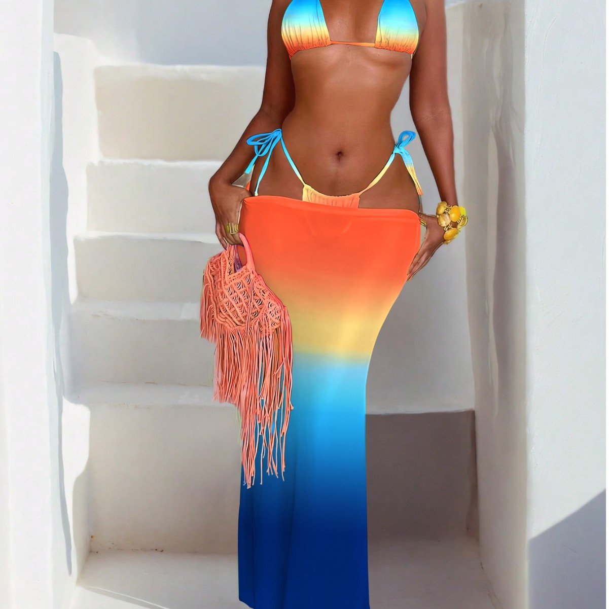 Gradient Color Bikini Three-Piece Set: Halter Neck Triangle Cup + Tie-Up Tassel Briefs + Beach Long Skirt, Women's Swimsuit