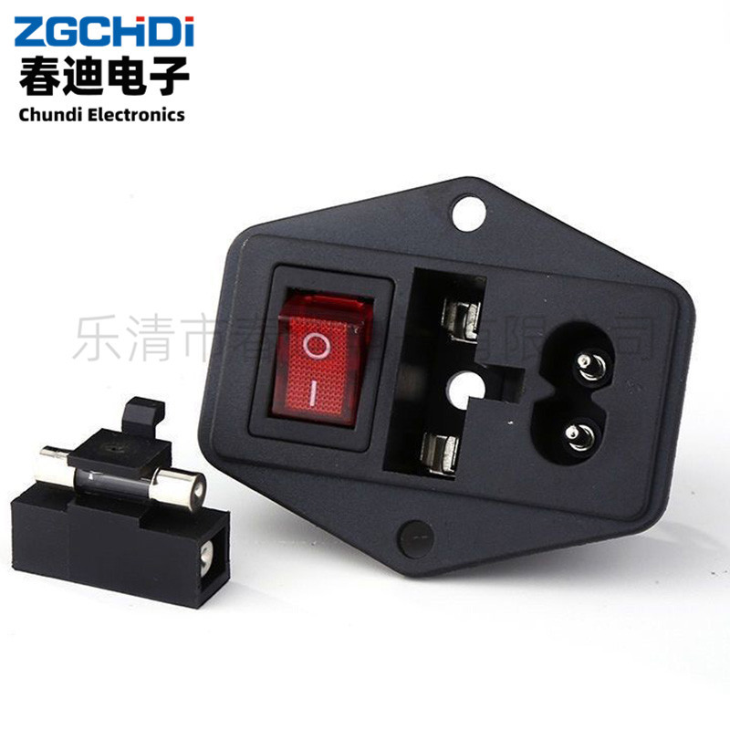 AC电源插座8字插座带开关带保险丝三合一带耳朵两芯插座DB-14-F