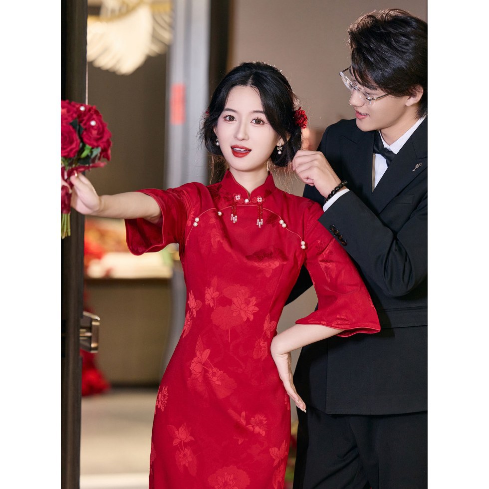 Burgundy Cheongsam Engagement Wedding Bride Toast Dress Long-Sleeved 2025 New New Chinoiserie Home Banquet Dress Skirt