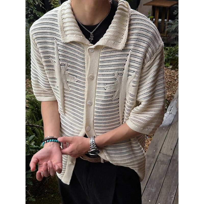 Old Money Style Retro Knitted Short-Sleeve Shirt, Boxy Short Wide Summer Casual Hollow-Out Cardigan T-Shirt, Men's Short-Sleeve Shirt