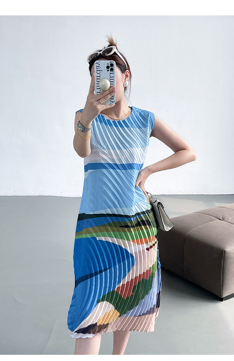 Váy maxi xếp ly in họa tiết hai dây dáng rộng thanh lịch — Màu xanh lam chi tiết 1