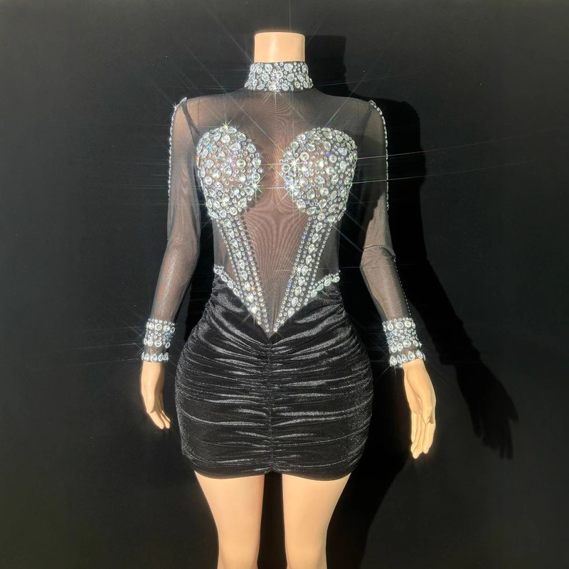Cross-border Women's Luxury Diamond-encrusted Mesh Tight-fit Stitching Long-sleeved Pleated dress Mini High-neck Evening Dress Cross-border Women's Luxury Diamond-encrusted Mesh Tight-fit Stitching Long-sleeved Pleated dress Mini High-neck Evening Dress