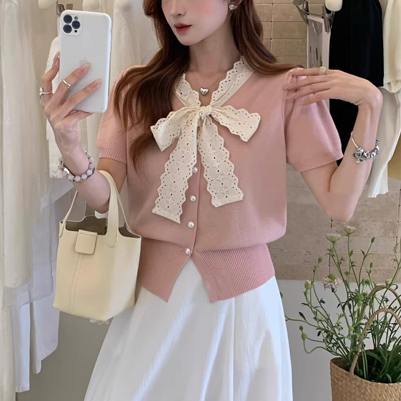 Korean Style Sweet Lace Short-Sleeved Knitted Cardigan for Women 2026 Summer Thin Top with Bow Tie