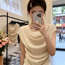 韩系软糯荡领蕾丝拼接假两件短袖女2026夏季新款褶皱收腰修身上衣