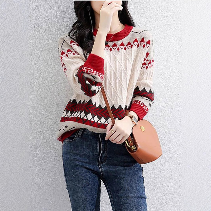 Retro Jacquard Round Neck Knitwear for Women 2025 Autumn and Winter New Korean Style Ethnic Style Versatile Loose Pullover Knitwear Trend