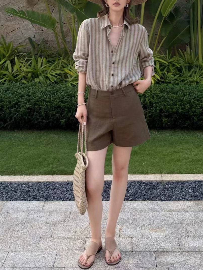 Old Money Style Color-Block Striped Shirt for Women, Summer Sun-Protective Linen Long-Sleeve Blouse, Thin Top, Wholesale Starting from One Piece