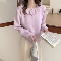 韩系温柔风娃娃领针织开衫女秋冬季新款宽松甜美减龄短款毛衣外套