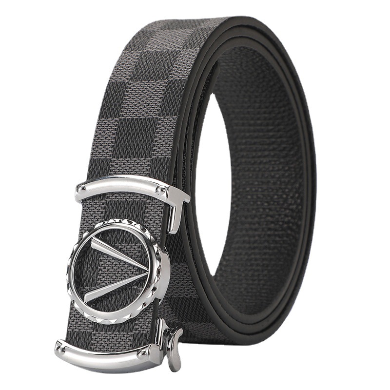 Pánský opasek z hovězí kůže s módním a minimalistickým designem, obchodní písmena z legované kůže, univerzální knoflíky, kostkovaný vzor_voghion.com