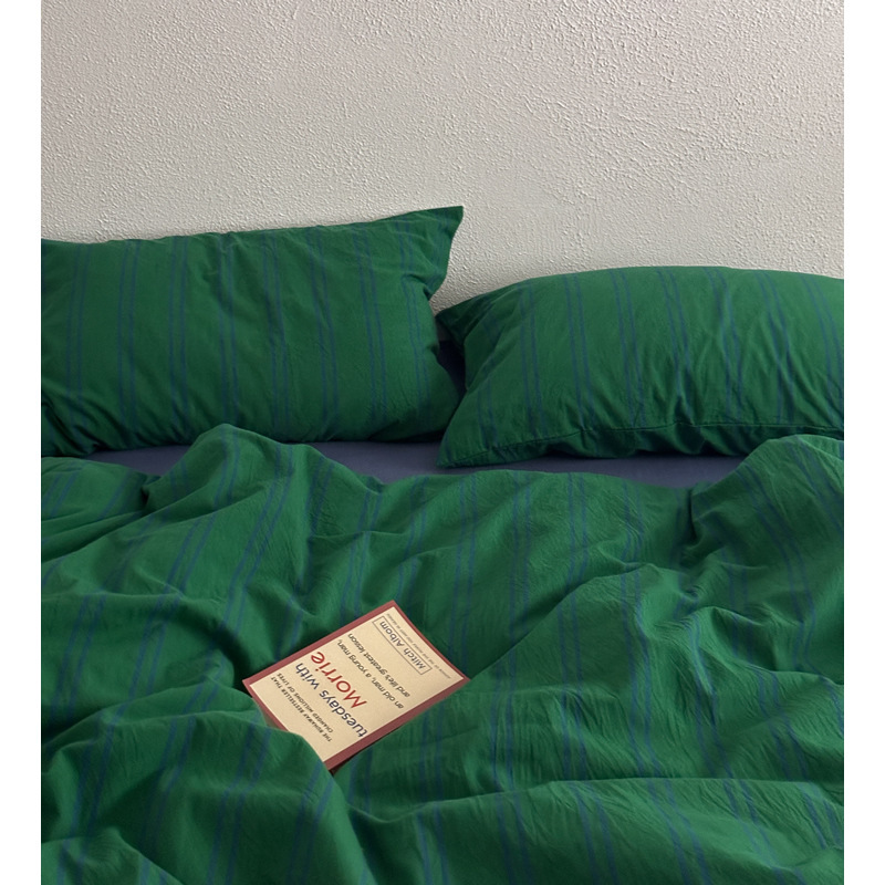 Vintage-style Retro Striped All-cotton Four-piece Set, Blue Fitted Sheet, Green Duvet Cover, Simple Bedding_voghion.com