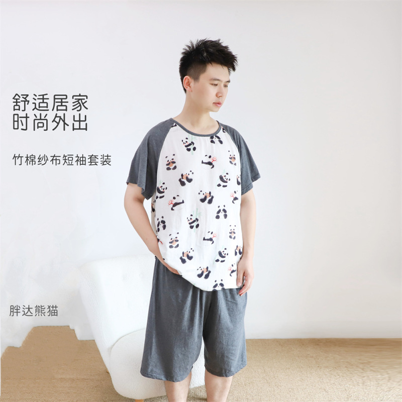 Spring and Summer Men's Short-sleeved Shorts Thin Pajamas Bamboo Cotton Gauze Dad Home Clothes suit Pajamas