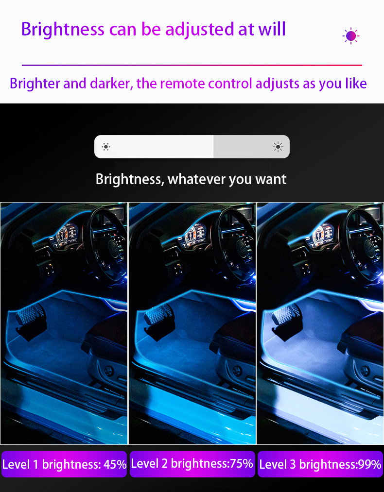 Thuning-free car atmosphere lamp optical fiber line cold light 64 color car atmosphere lamp APP control application