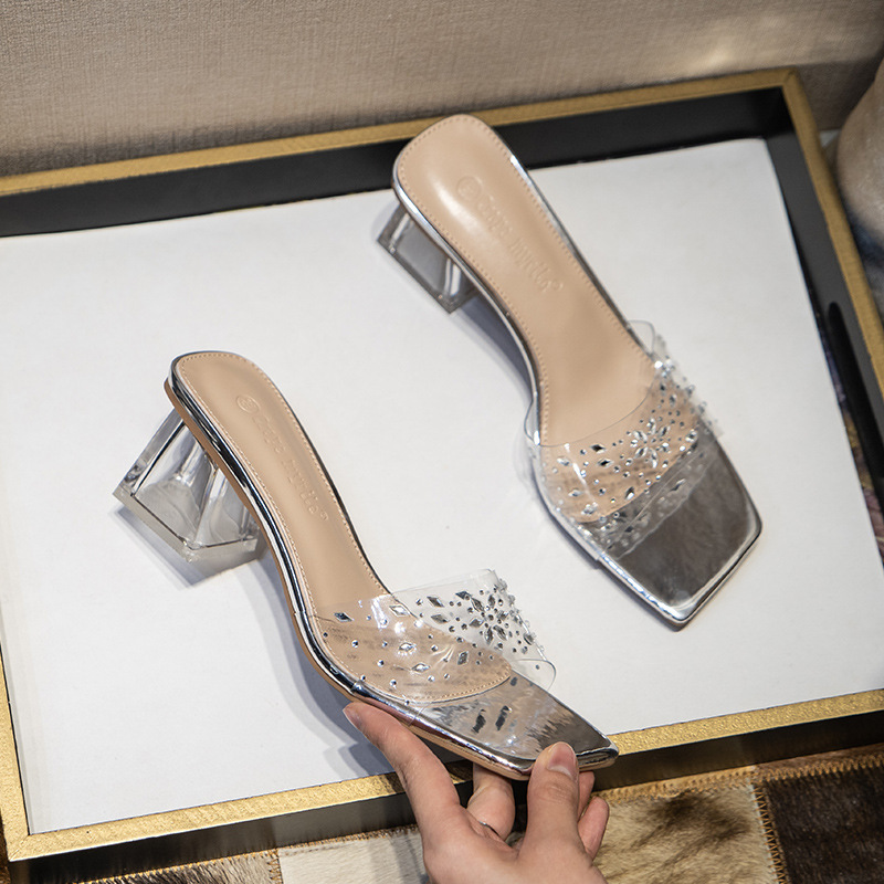 Sandalias de tacón alto verano nuevo dedo del pie cuadrado pvc cristal transparente tacón alto zapatillas de tacón alto con desgaste exterior chunky zapatillas de tacón