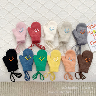 Korean style children's candy color knitted mittens winter warm all-match baby smiley face halter wool gloves