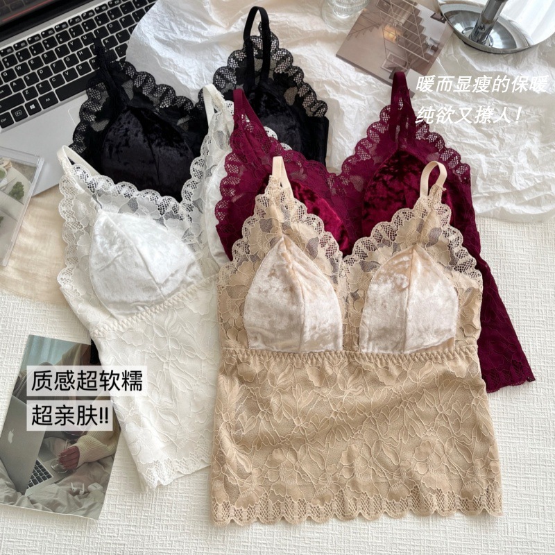 秋冬金丝绒法式V领带胸垫背心蕾丝吊带打底衫女内搭性感保暖内衣