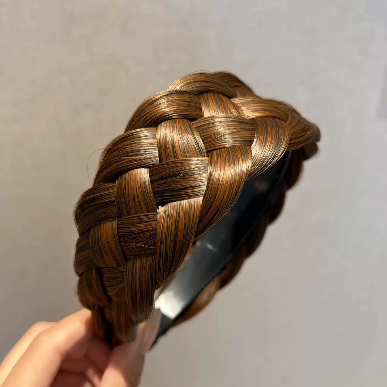 handmade wig headband with pigtail, scalloped hair accessory, matte silk, Ø≈15 cm