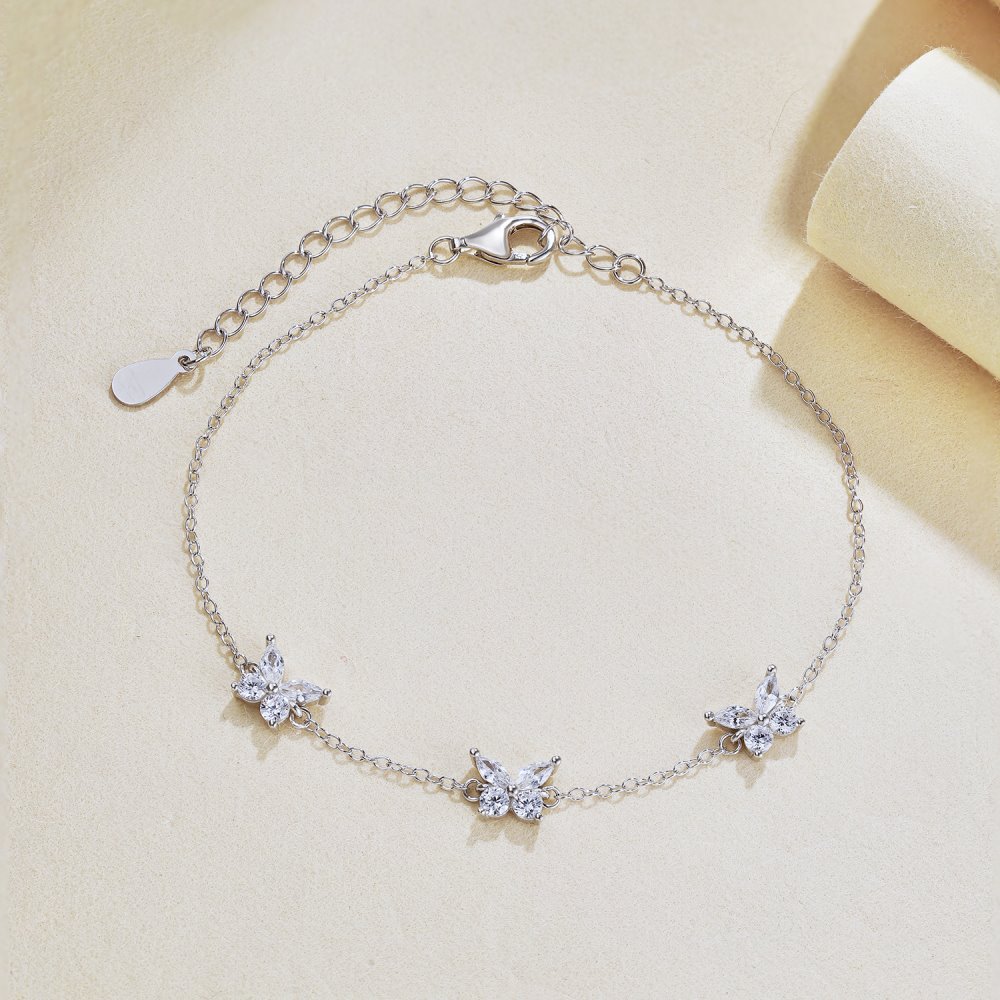 Butterfly Pattern 925 Sterling Silver Cable Chain Bracelets Elegant