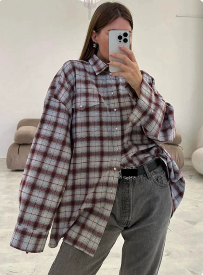 เสื้อแขนยาวฤดูใบไม้ร่วงย้อนยุค ลายตาราง หลายสี ไซส์ S–XL