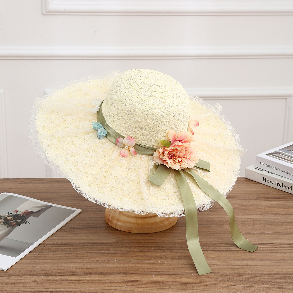 Sombrero de paja con lazo – estilo veraniego, ala ancha, para playa o vacaciones al aire libre