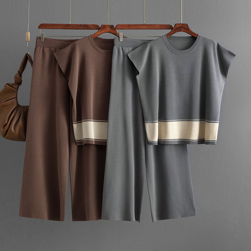 Women Clothing Suit Women Knitwear Loose Slimming High Waist Wide Legs Trousers Two Piece Suit