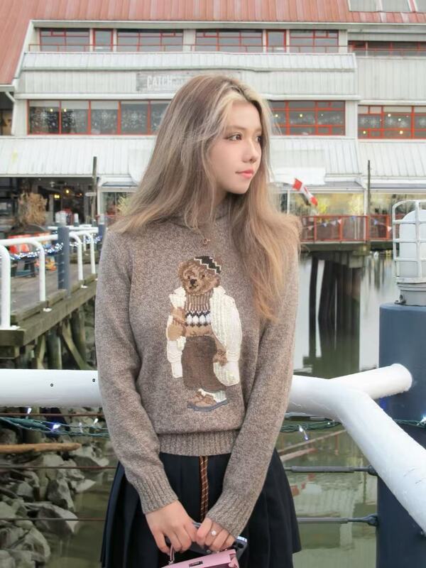 25款冬季女装针织衫小熊织花刺绣毛衣拼色连帽套头重工刺绣款百搭|undefined
