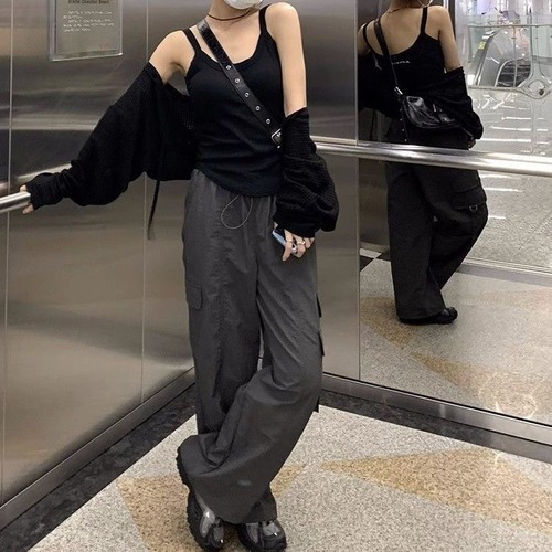 American-style parachute work pants for women, summer Hong Kong style loose drawstring wide-leg bootcut pants #2133