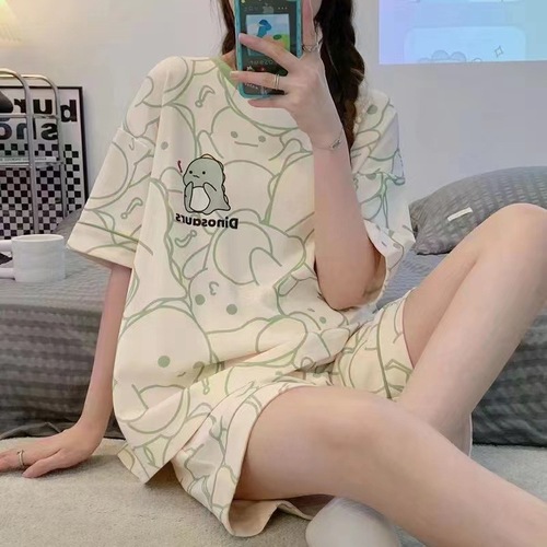 Ladies' Korean-style short-sleeve short shorts sweet and cute round neck loose plus-size pajamas two-piece set, summer can be worn outside