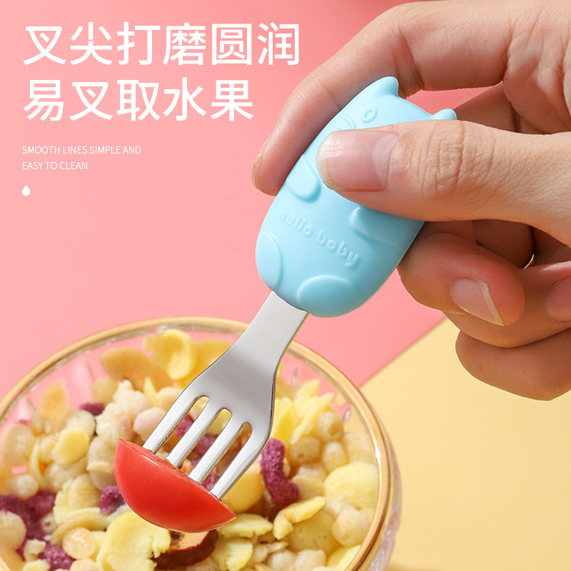 Children's 304 stainless steel silicone short-handled tableware cat face cat claw fork and spoon set for baby food eating training