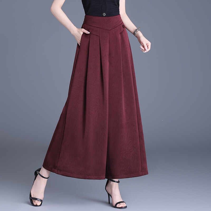 Summer Ice Silk Quick-Dry Wide-Leg Casual Pants Plus Size Loose Drapey Versatile Cropped Skirt Pants for Middle-Aged Moms