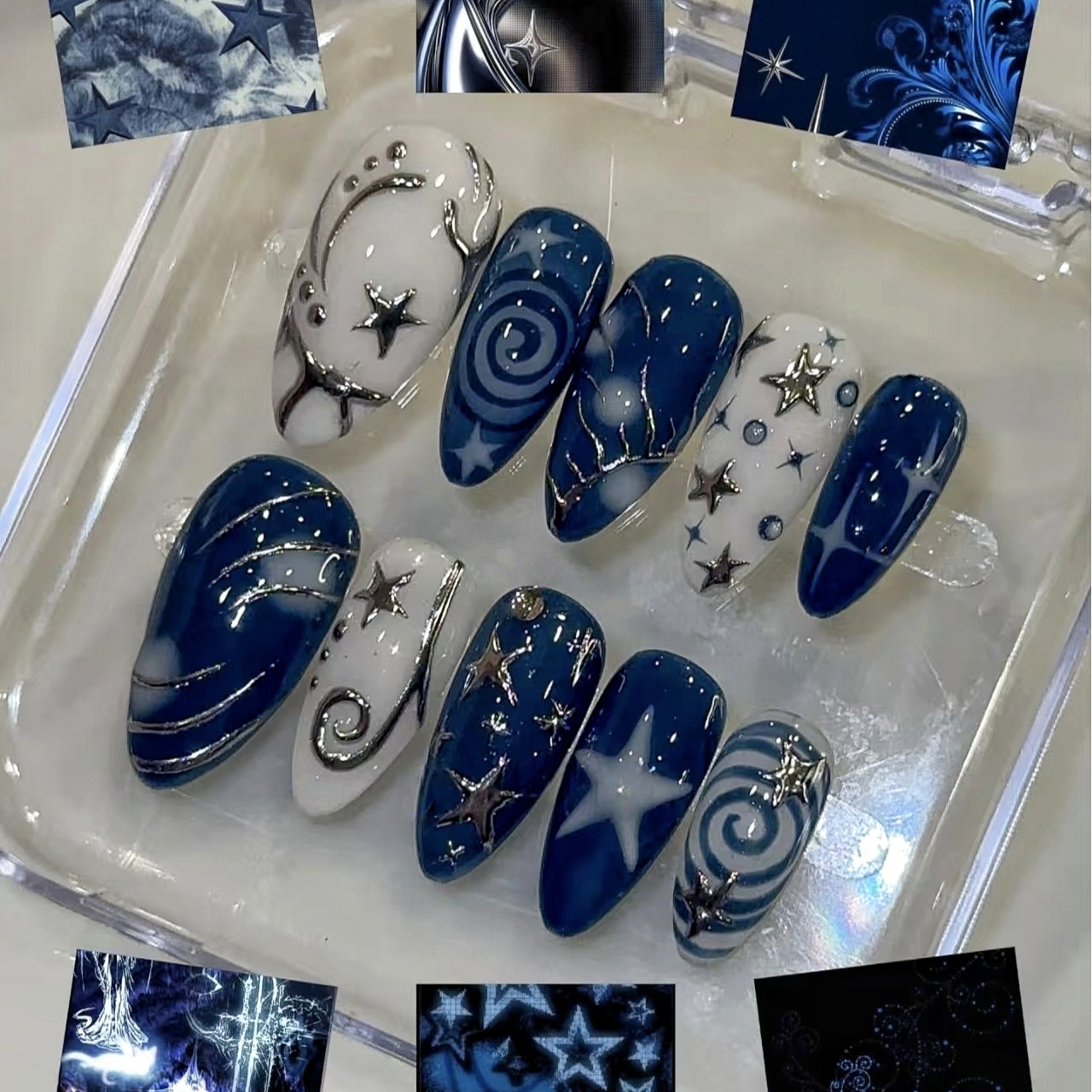 30 pieces of dark-toned metallic nail art with silver lines and starry cat-eye effect, ready-to-wear nail patches