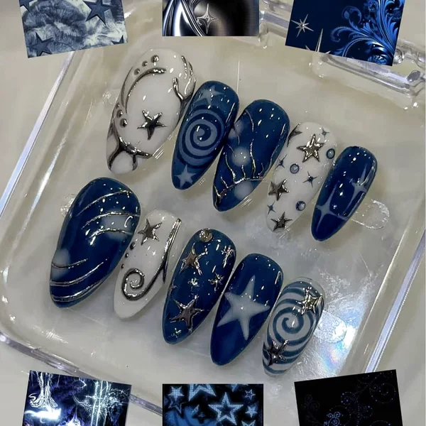30 pieces of dark-toned metallic nail art with silver lines and starry cat-eye effect, ready-to-wear nail patches