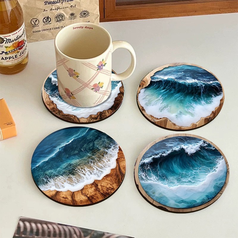国境を越えた青い海洋円形木製コースター家庭カフェパーティーテーブル衣装コースター用品|undefined