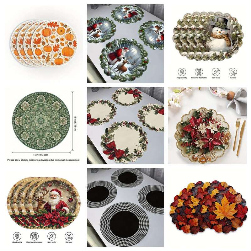 Amazon Temu Christmas Round Linen Printed Placemats with Wavy Edges Can Be Customized for Christmas