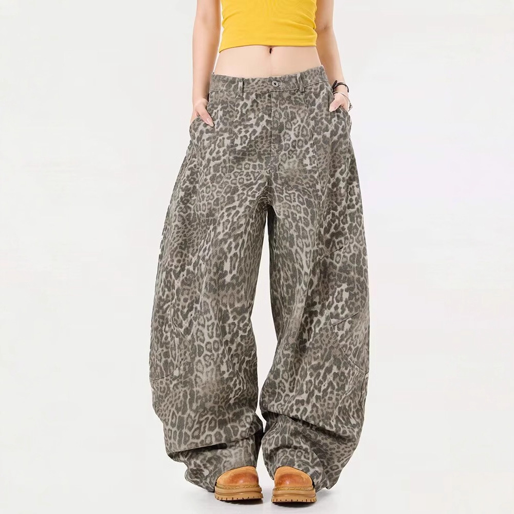 European and American Style Spicy Girl Leopard Print Straight-Leg Jeans for Women 2025 New Mid-High Waist Loose Casual Non-Stretch Wide-Leg Pants