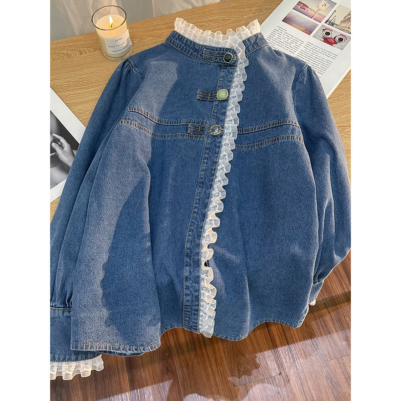 Jin Bukang Elegant Design Sense Lace Denim Shirt Women's Autumn and Winter plus size Sense Shirt Short Coat Clothes