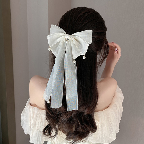 Streamer hairpin bow headband women's back head pearl hairpin  new high-end spring clip ponytail clip