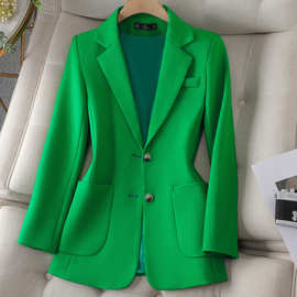 轻奢高端绿色西装外套女秋季长袖气质名媛感小个子中长款休闲西服