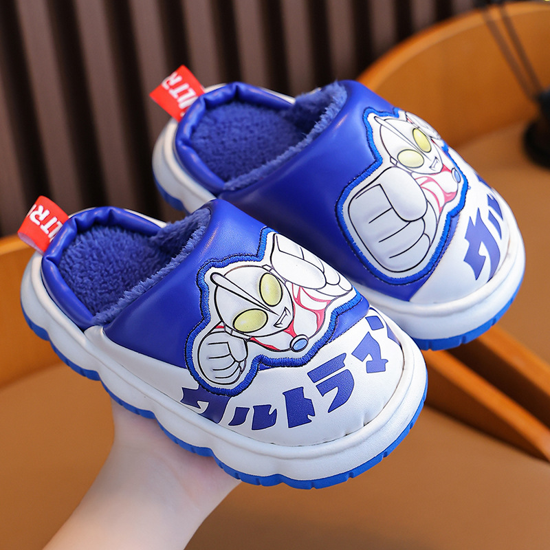 Niños de invierno Ultraman bebé Zapatillas de algodón cálido hogar PU cuero impermeable medio y grande niños bolsa de dibujos animados zapatos de tacón de algodón