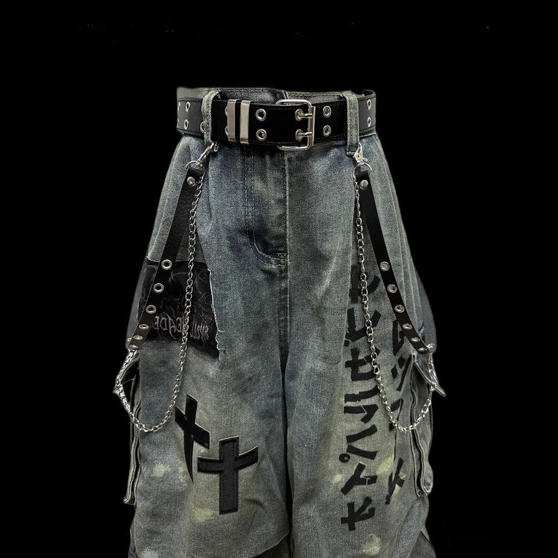 【新塘牛仔全店现货】暗黑七分牛仔裤女废土风做旧皱褶贴布阔腿裤|undefined