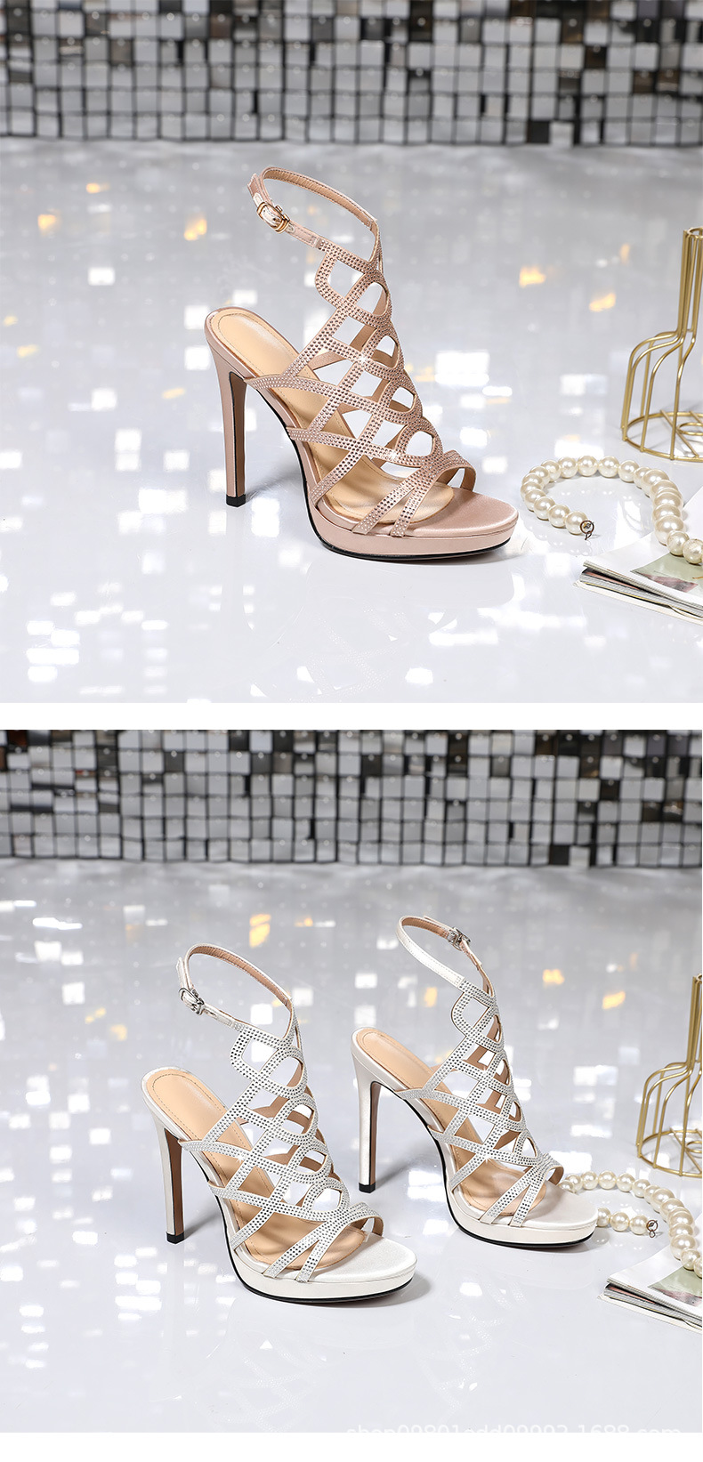 Sandal cao gót nữ hở mũi đính đá gót nhọn 9 cm — Màu be chi tiết 2