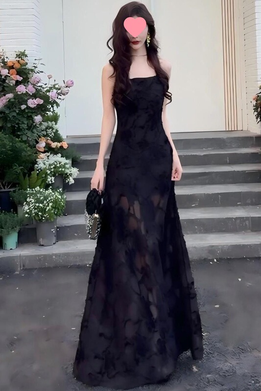 Black Lined Lace See-Through Autumn and Winter Dress Seaside Vacation Long Dress Pure Lust Sexy Slim Super Long Dress