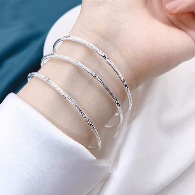 Copper bracelet with silver plating, thin engraved bangle, sizes 56–64 mm, lightweight 0.02 kg