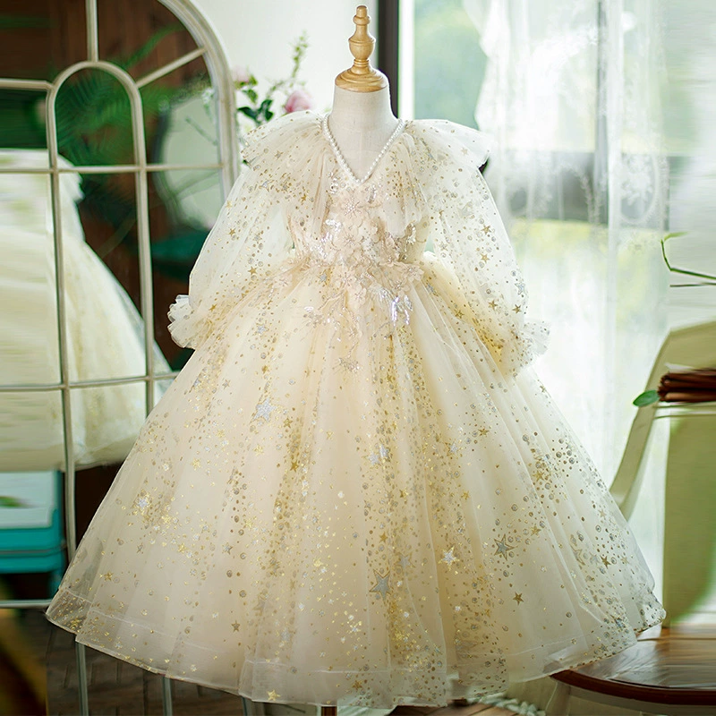Детское платье цвета шампань для выступлений на сцене, для девочек, нарядное, для подружек невесты, из пышной тюлевой ткани, летнее, вечернее