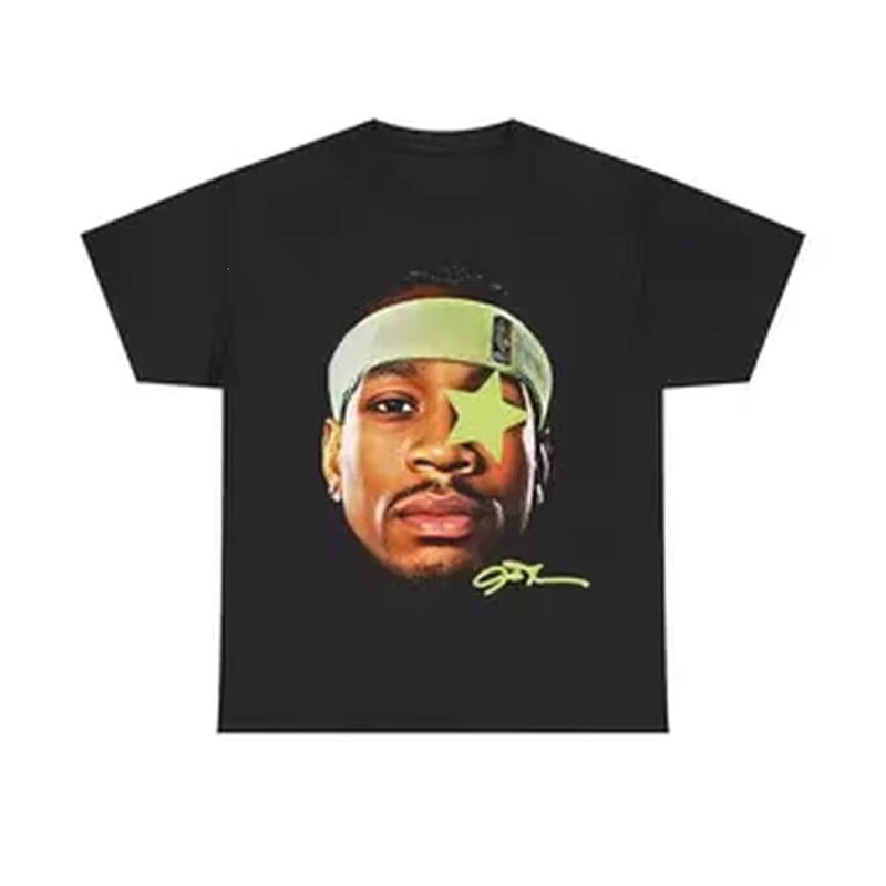 Allen Iverson retro patterned t-shirt, 90s style vintage top paired with hip-hop Allen Iverson retro patterned t-shirt, 90s style vintage top paired with hip-hop