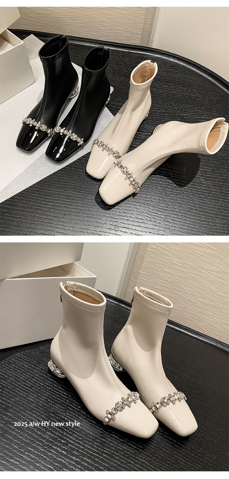 Boot ngắn nữ mũi vuông gót thấp khóa kéo sau chất nhũ đá phong thủy — nhung đen chi tiết 9