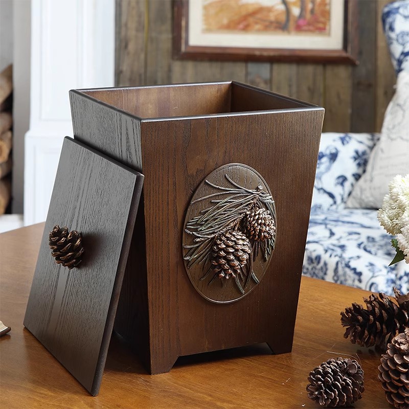 Trash Can for Home Use in the Living Room, Creative American-Style Wooden Large Trash Bin with Lid, Office Bedroom Kitchen Dining Room Wastebasket